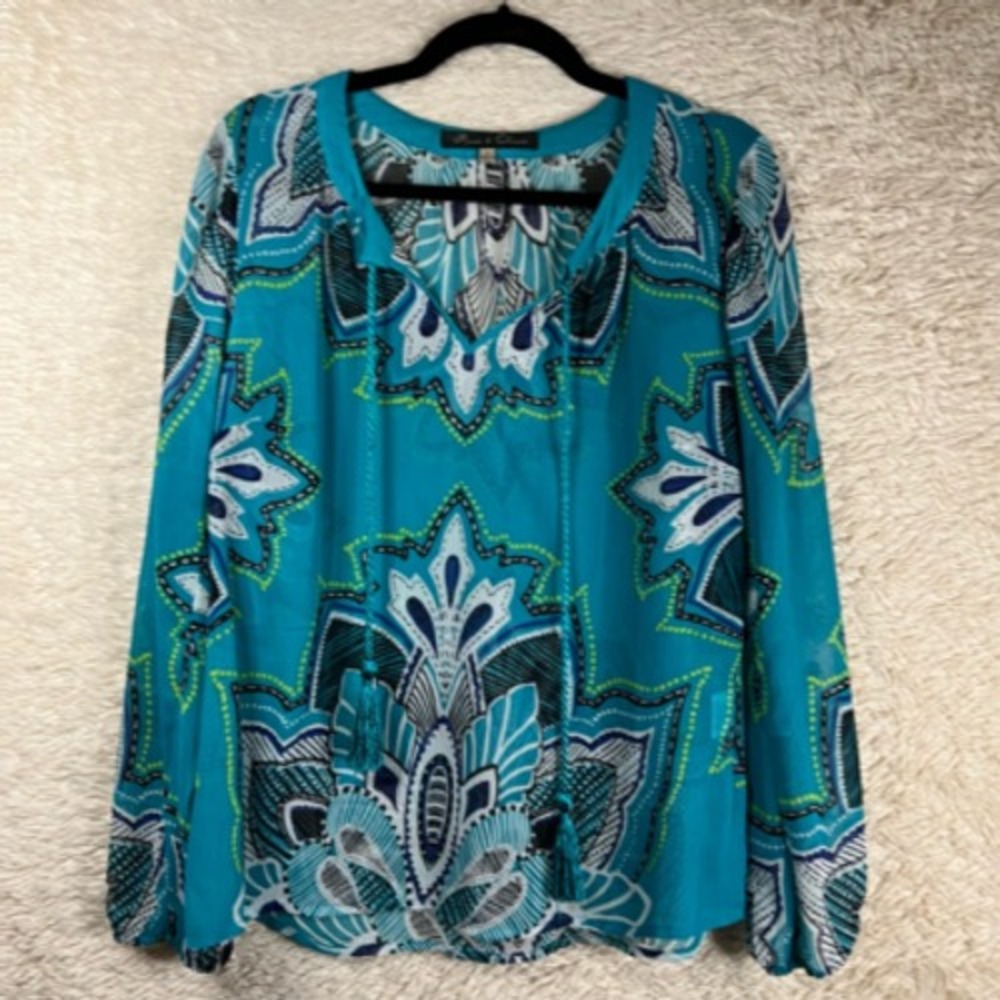 Rose & Olive Womens Peasant Blouse Blue White Floral Long Sleeve Keyhole Neck S